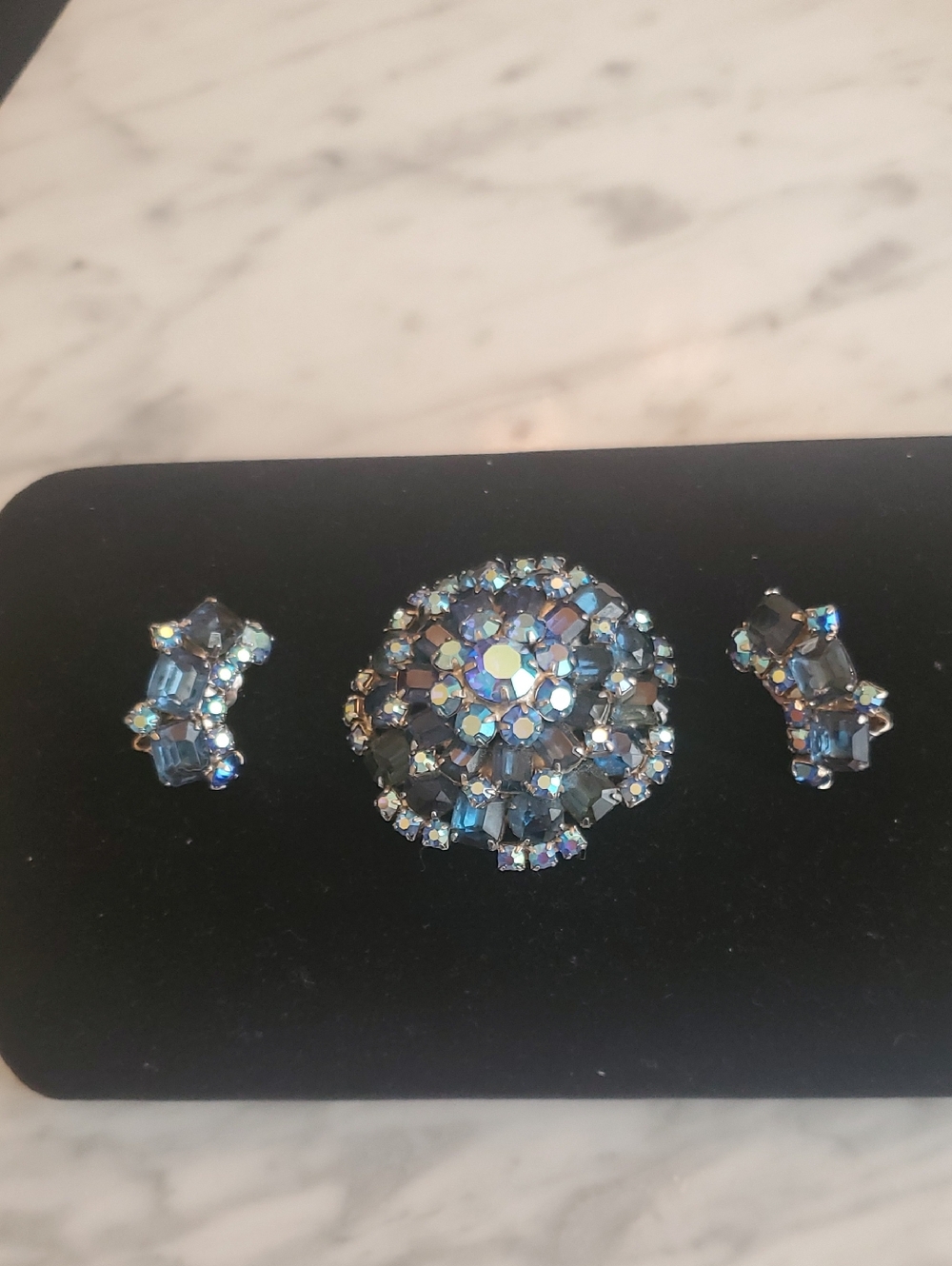 Vintage Blue Rhinestone Brooch and Earring Set